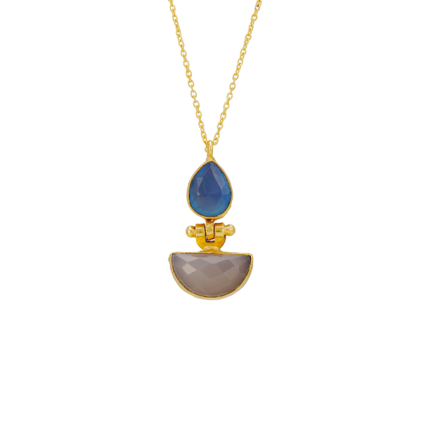 Necklace made from brass, goldplated, blue/white Onyx